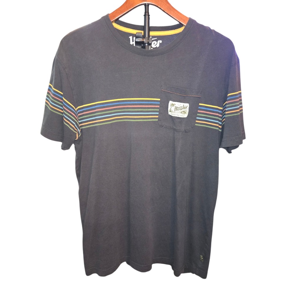 Howler Brothers Pocket Tee Men's Large Grey Rainbow Stripe Heed The Call Cotton